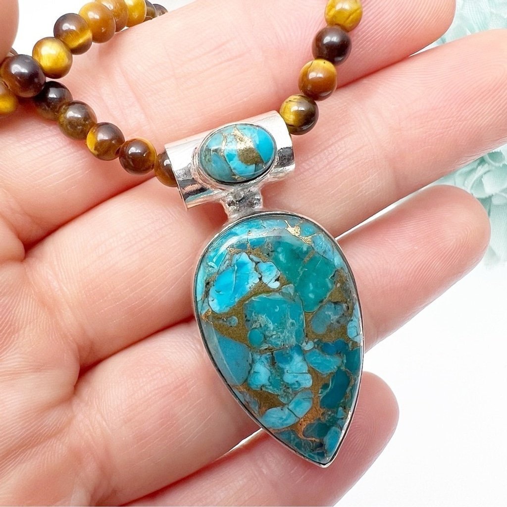 Solid Sterling Silver 925 Genuine Blue Copper Turquoise Pendant Necklace