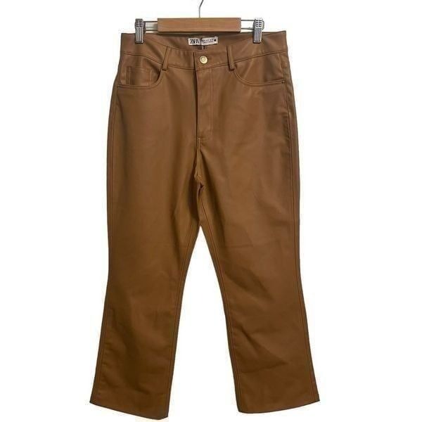 Zara Tan Straight Leg Faux Leather Cropped Pants Size 6 NWT