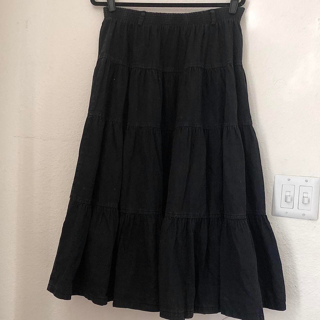 Vintage Black denim (100% Cotton) tiered maxi skirt elastic waist whimsygoth