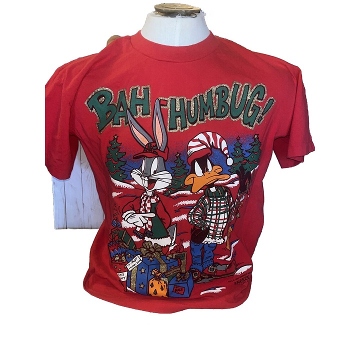 Vtg 90s Bugs Bunny Daffy Duck Christmas T-Shirt Bah Humbug Funny Logo Freeze LG