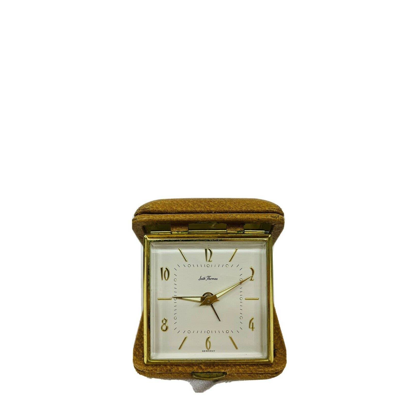 Vintage Seth Thomas Travel Alarm Clock Wind Up Brown Clam Case Germany