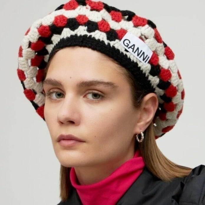 Ganni Women's Lambswool Crochet Beret Orange Color-block (MSRP 195)