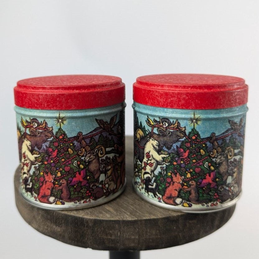 Vtg Miniature Christmas Tins Forest Animals Tree 2 Holiday Container Gift Box