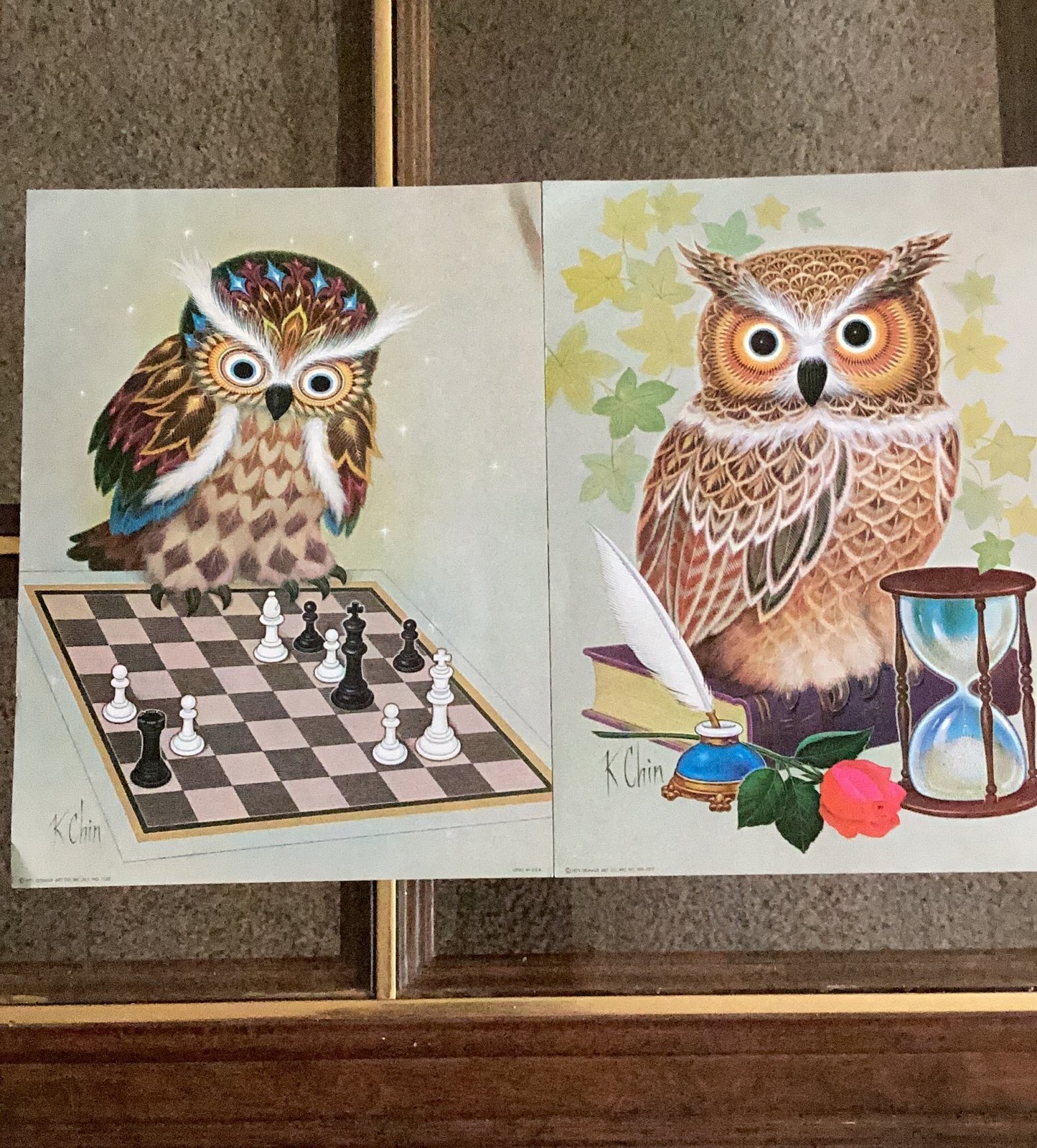 Pair of K Chin OWL Lithographs. Signed. Copyright 1973 11x14 approx