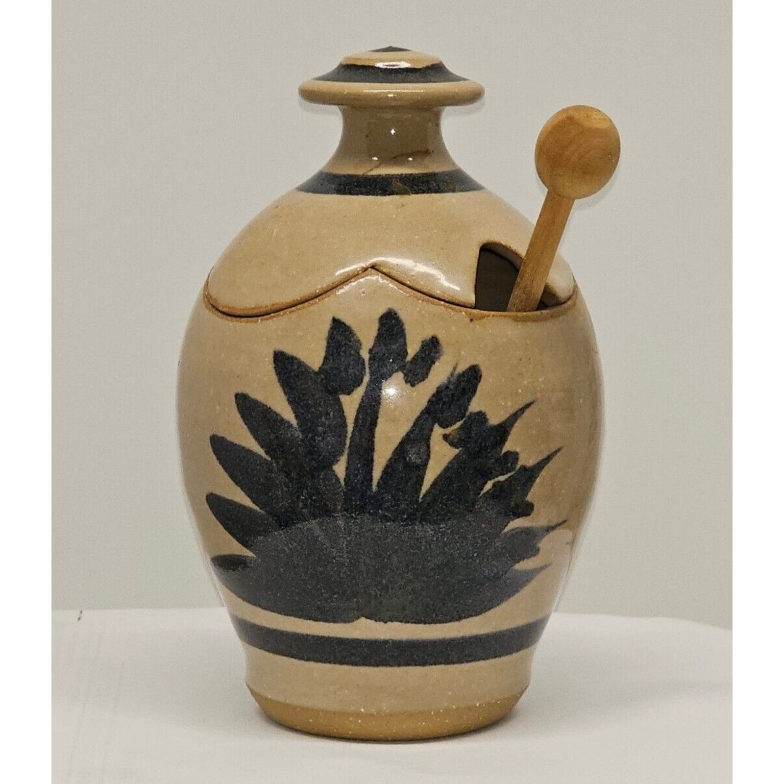 Art Pottery Signed By Artist Honeypot And Dipper With Unique Lid Beautiful