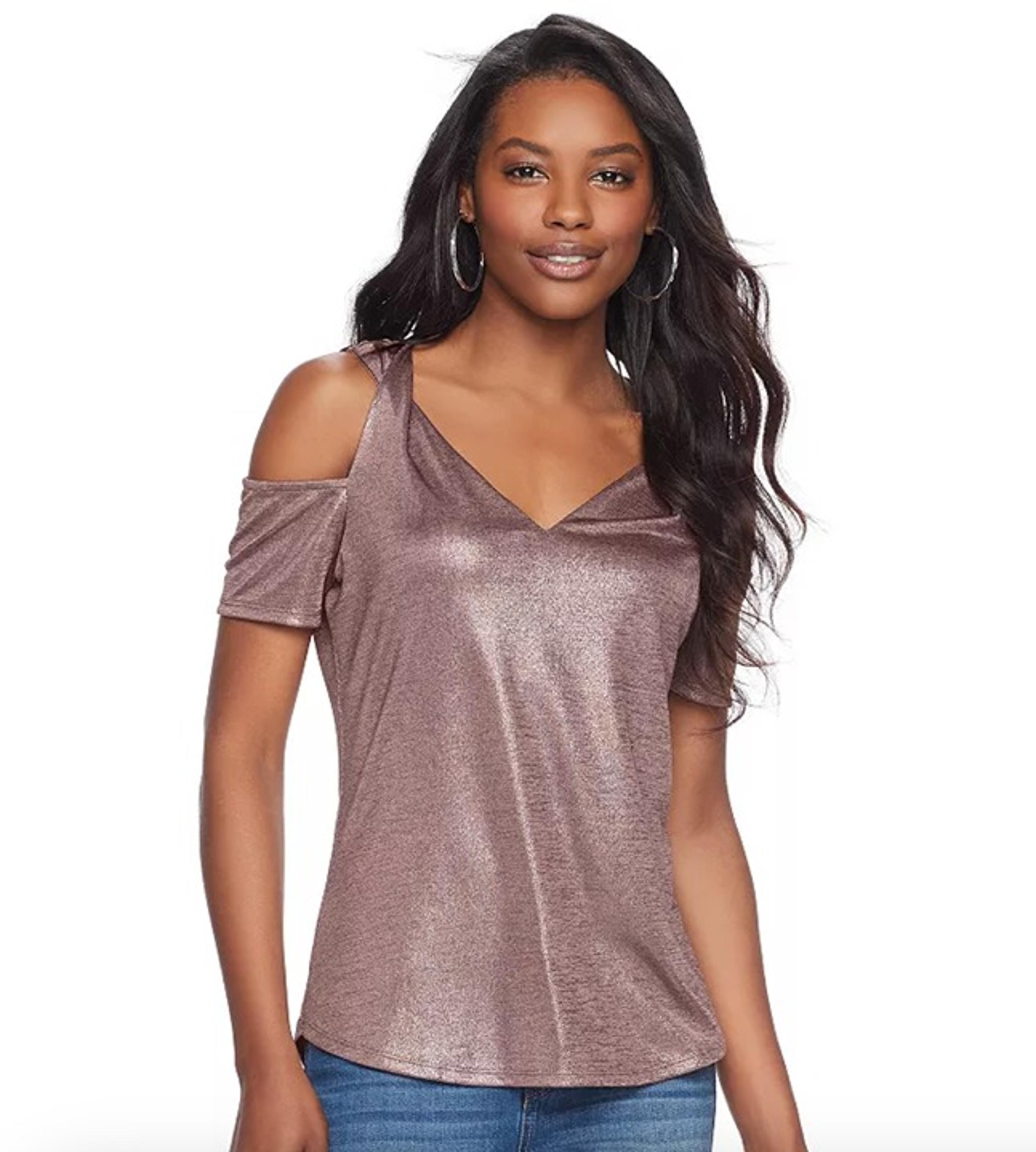 Juicy Couture Women's Shimmery Metallic Twist Cold Shoulder Top Size L