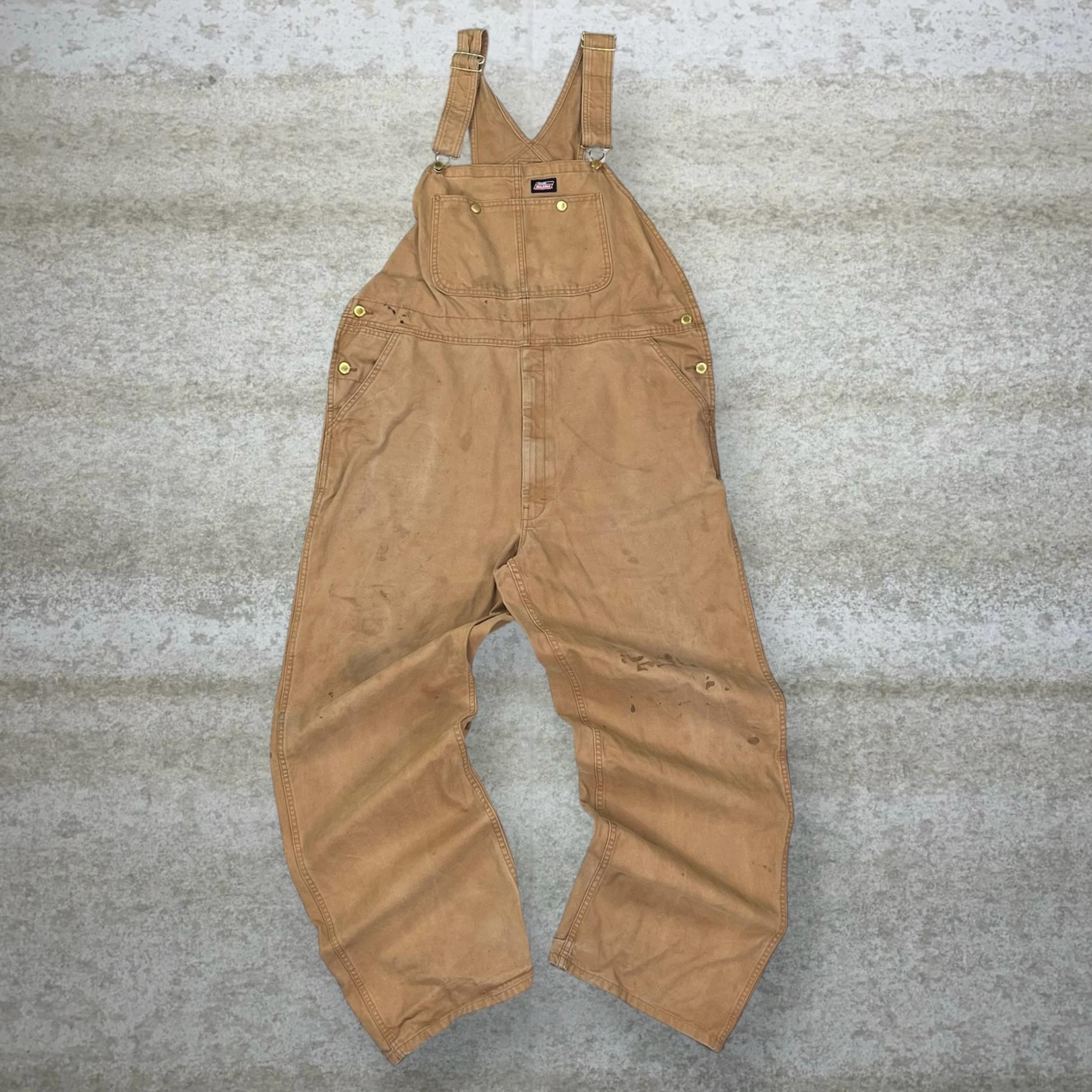 Vintage Dickies Overalls Baggy Wide Leg Fit Tan Cotton Canvas 90s