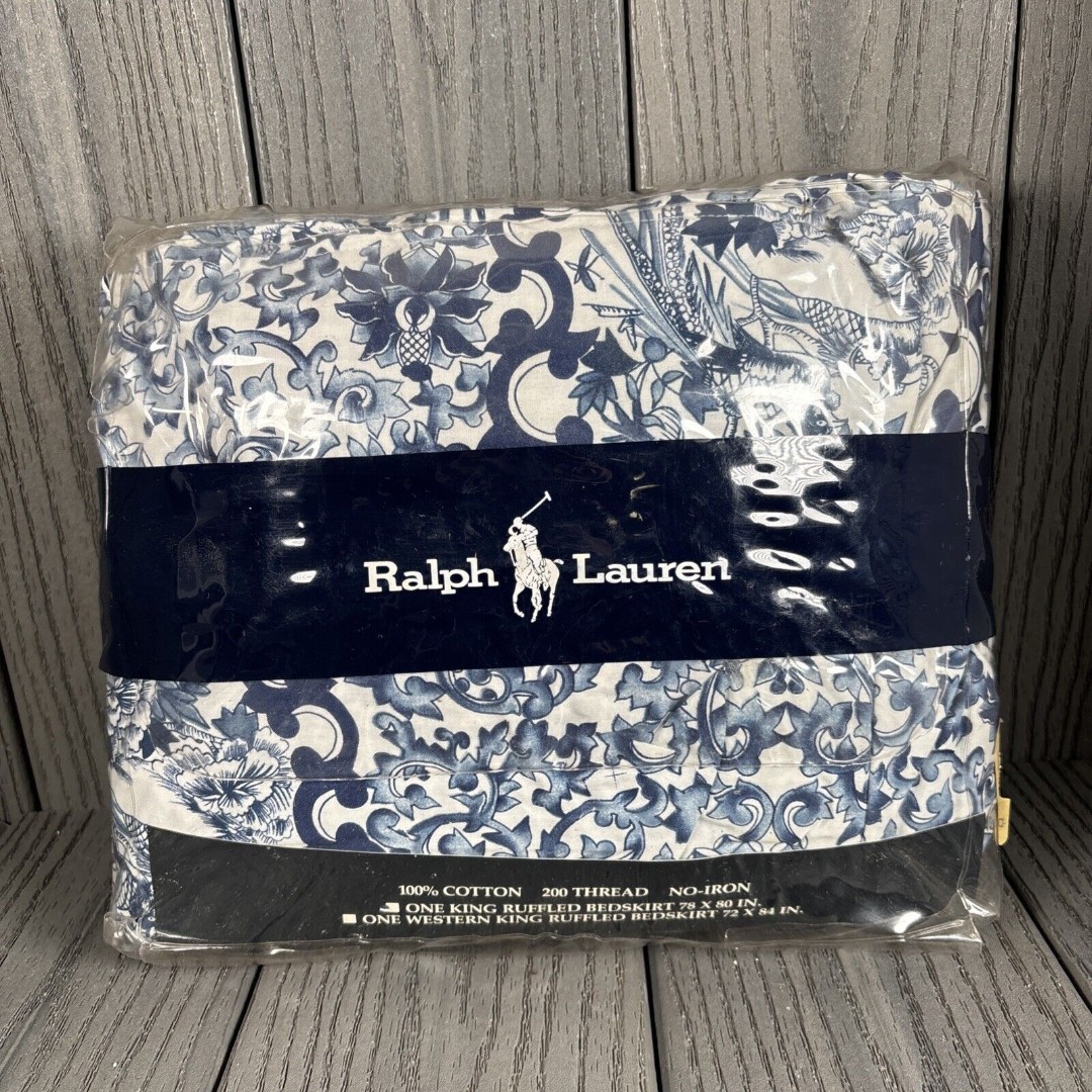 NEW VINTAGE Ralph Lauren 1987 Porcelain Blue Bird Floral King Ruffled Bedskirt