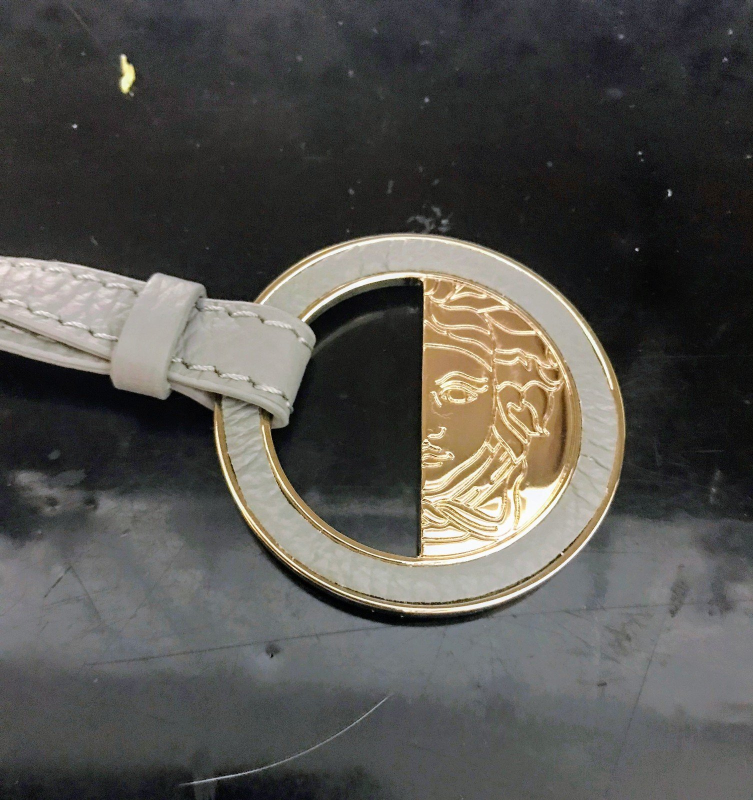 NWOT Versace Leather Hang Tag/Bag Charm/Keyring- Blue Gray