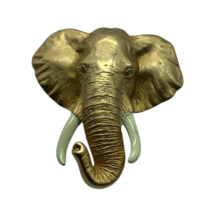 Vtg AJC Signed Gold-Tone Elephant Head Brooch Pin Ivory-Colored Tusks 2 RARE