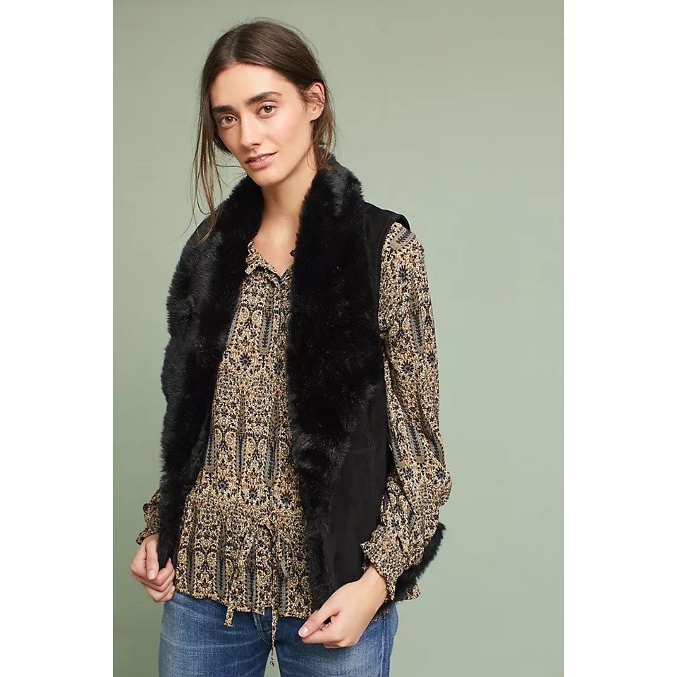 Michael Stars Anthropologie Black Fur Suede Vest Size M