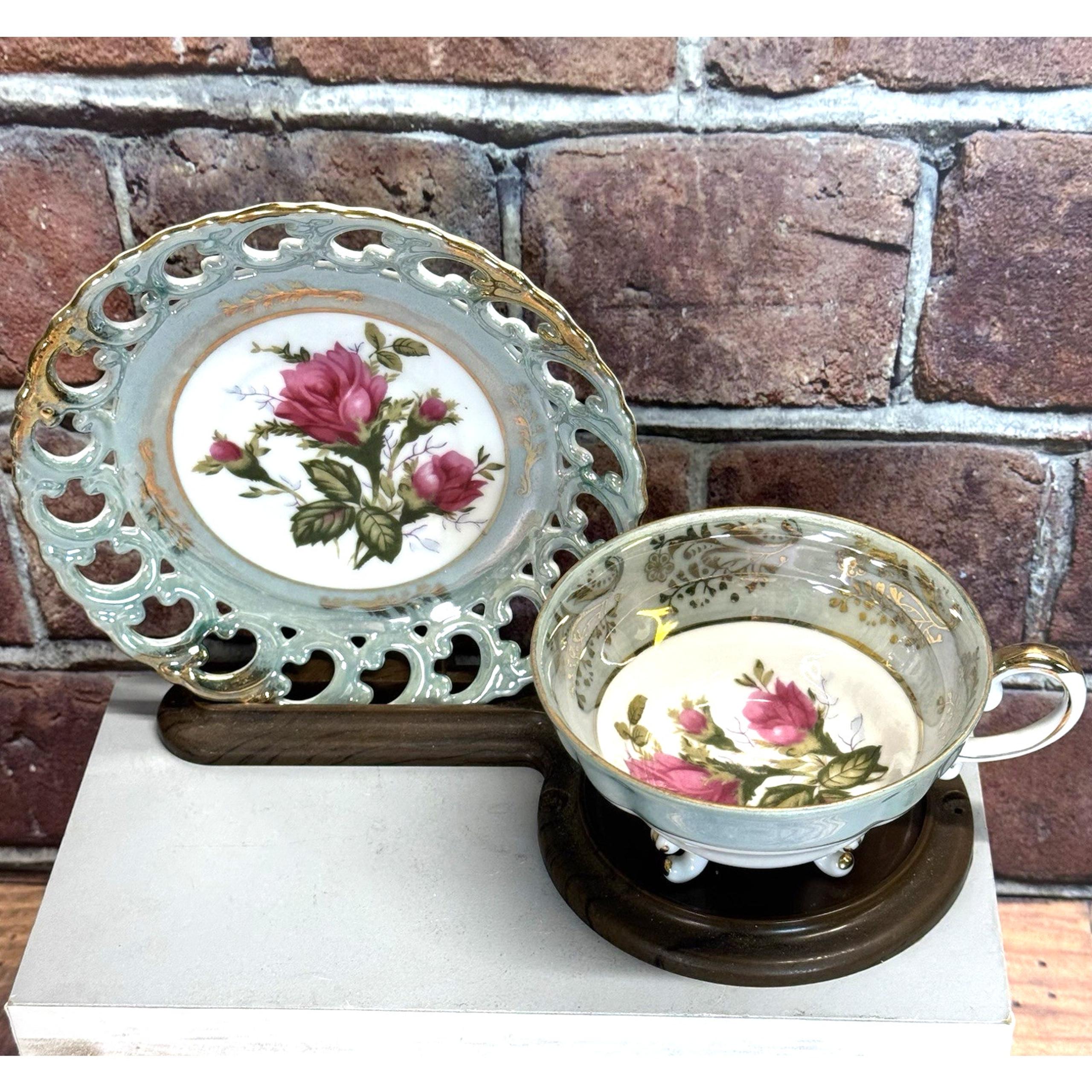 Vtg Royal Sealy Japan Clawfoot Floral Tea Cup Saucer Set Lusterware Reticulated