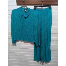 Carole Little Women's Teal High Waist Wide Leg Pant Peter Pan Collar Blouse Set