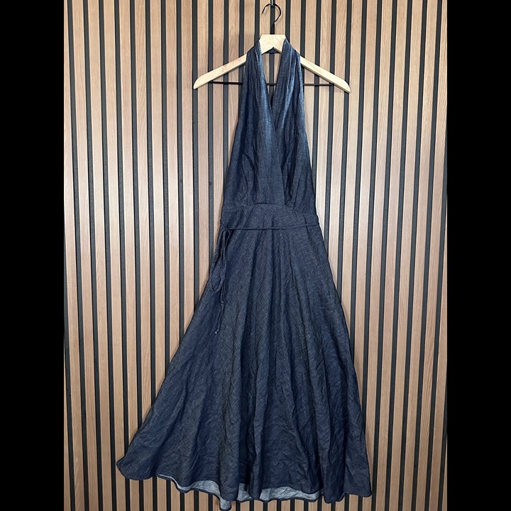 Zara Dress Large Womens Blue A Line Maxi Halter Denim Dark Wash Linen Blend