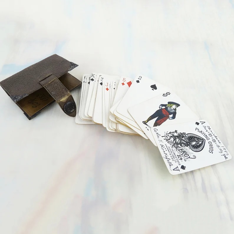Victorian miniatue playing cards in sterling tipped antique leather case inscrib