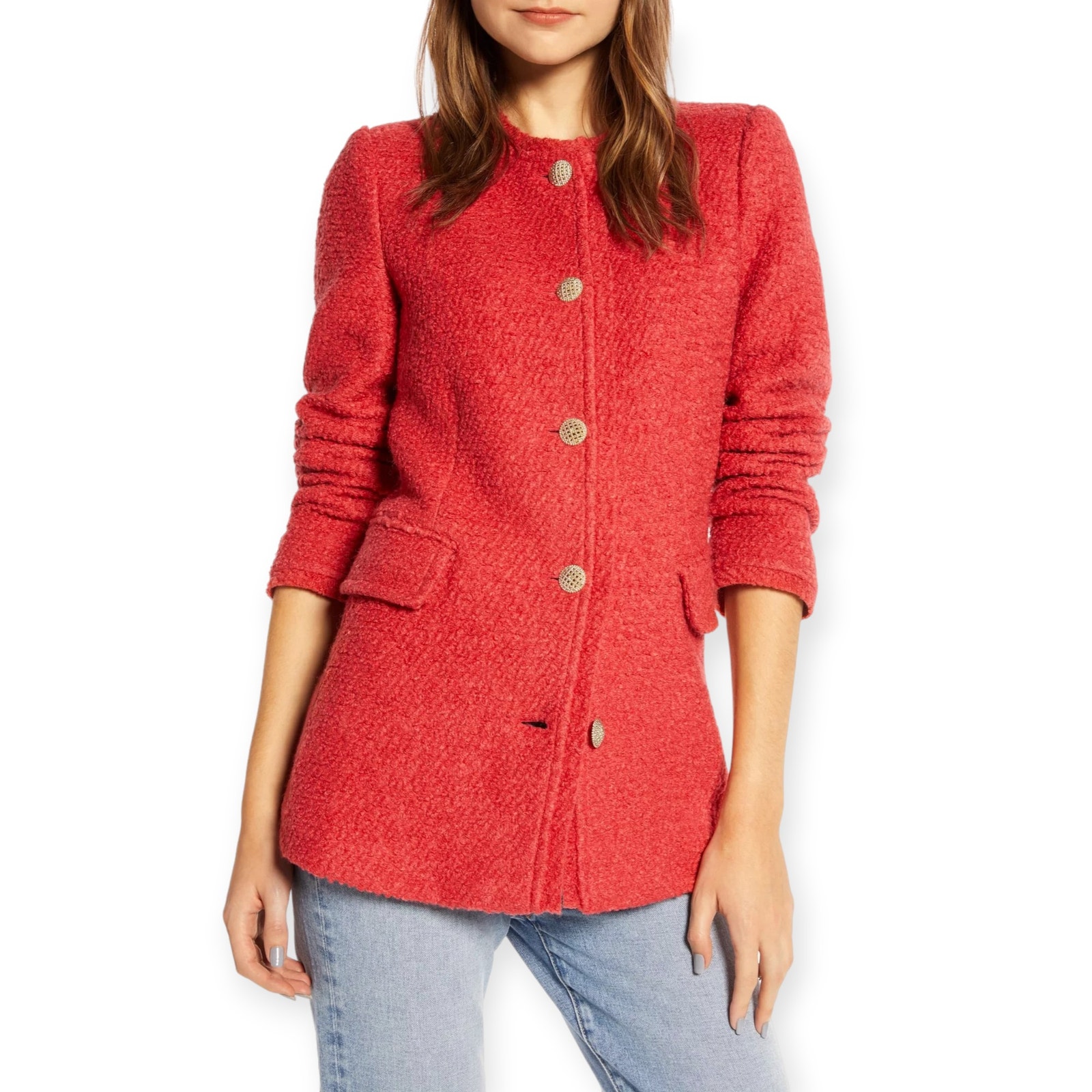 Something Navy | XXS | Bouclé Fitted Gold Button Front Jewel Neck Blazer Jacket