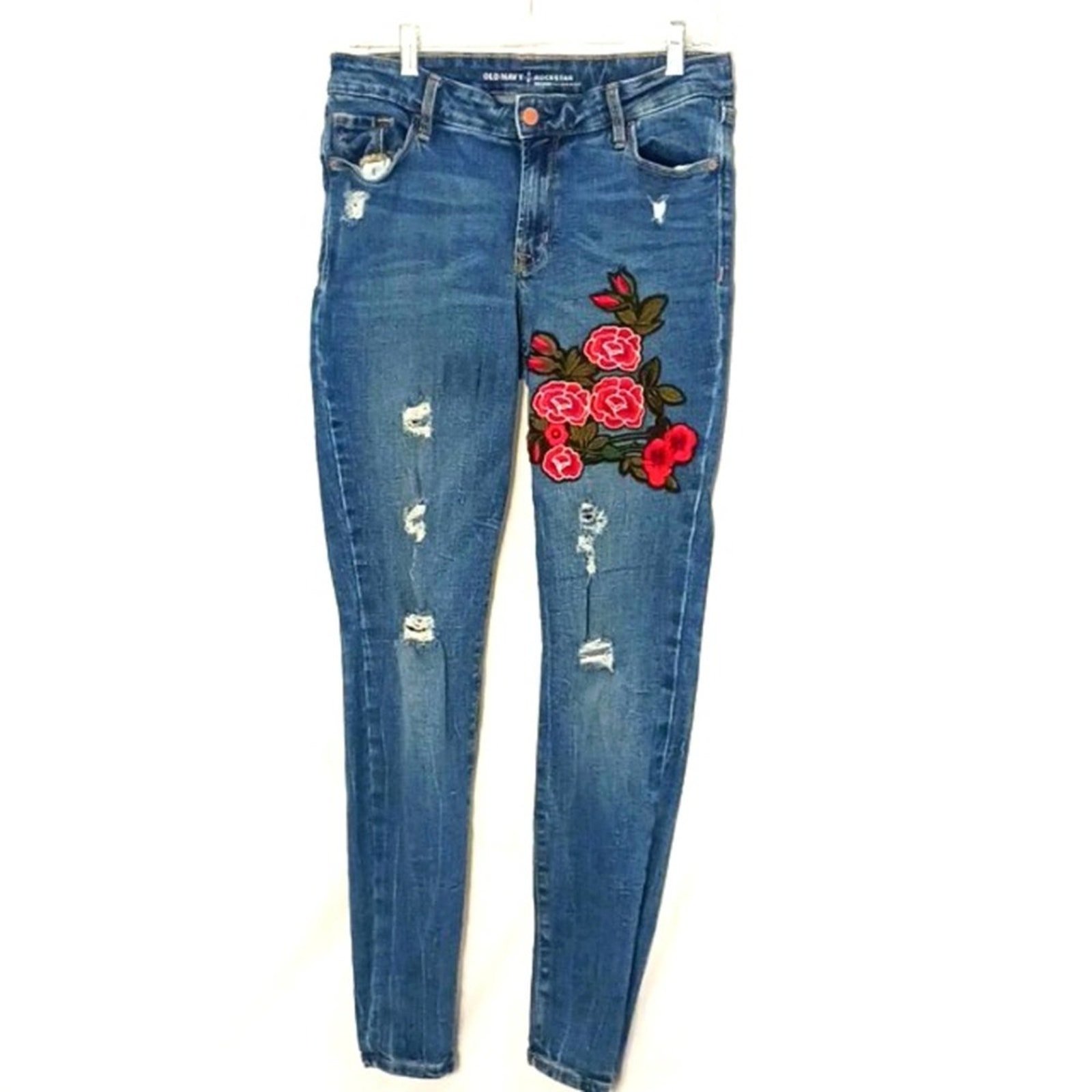 Old Navy ROSES EMBROIDERED Jeans Sz 10 Blue Distessed Holes Bohemian Cottagecore