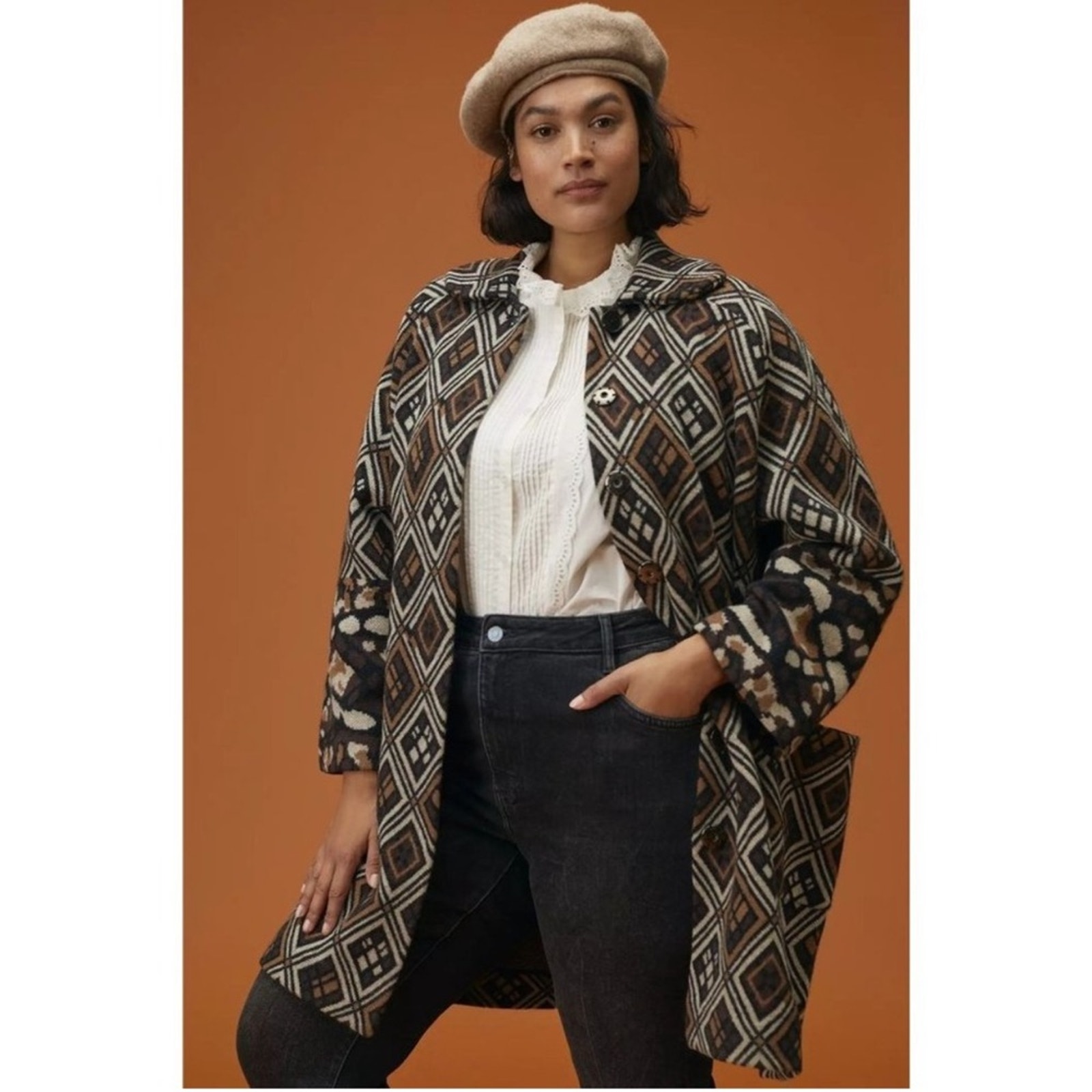 Anthropologie Field Flower Geo Wool Sweater Coat Black Brown Size Small
