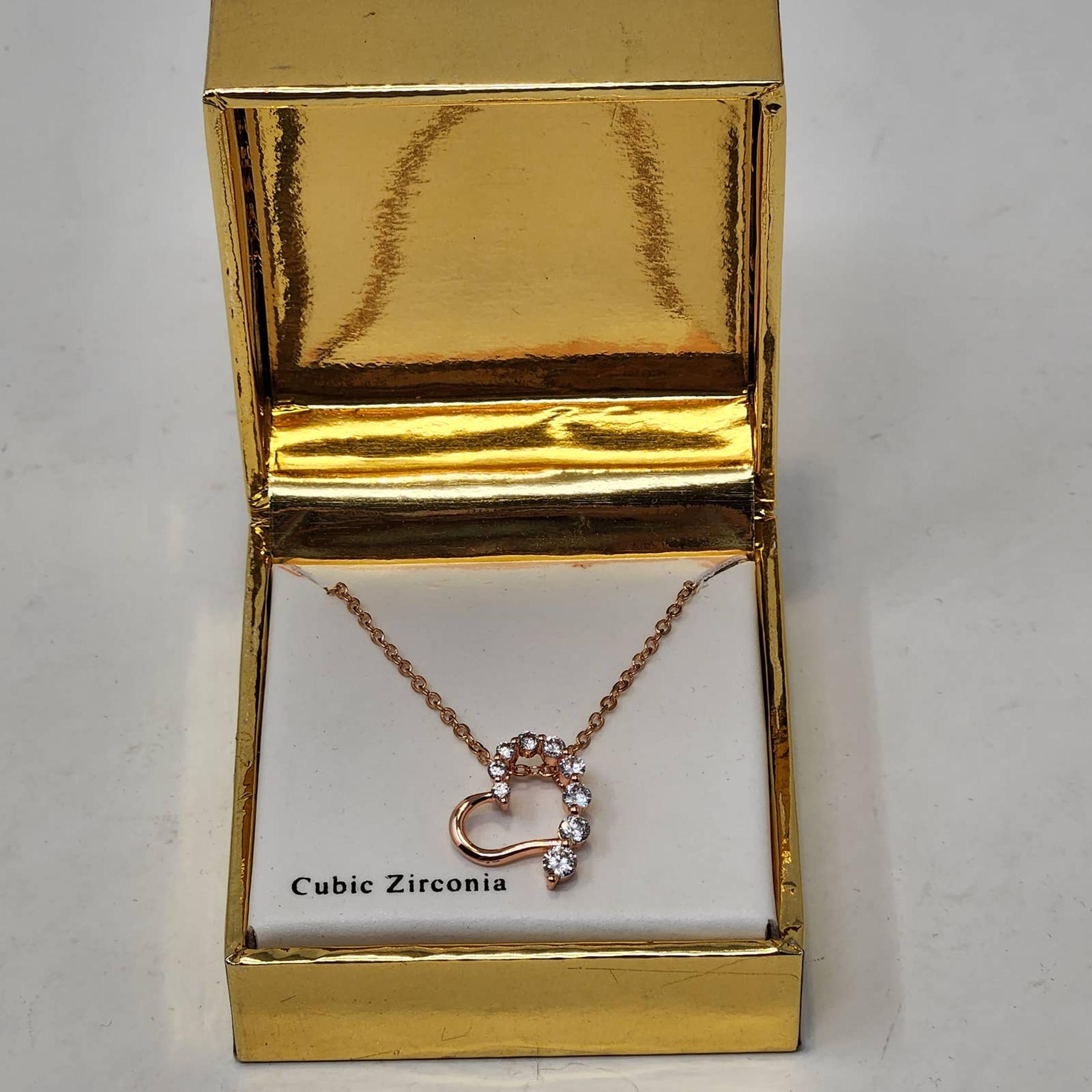 Heart Cubic Zirconia Slider Pendant Rose Gold Tone Chain Necklace Gift Box