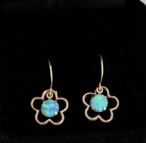 10k Yellow Gold Lab Created Opal Flower Earrings Dangle Drop Earrings