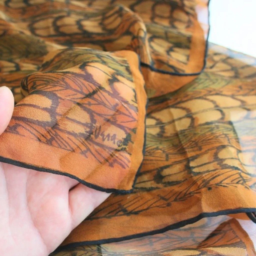Vintage Vera Neumann scarf early sheer feathers leaves mid century fall orange