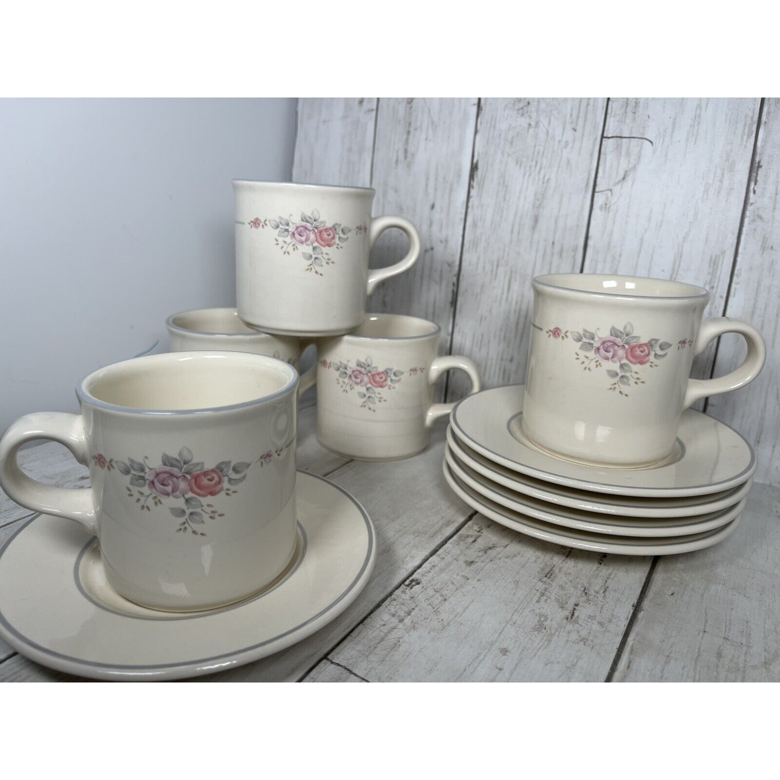 Set Of 5 Pfaltzgraff Trousseau Coffee Mugs Saucers Tea Cups Pink Roses Retired