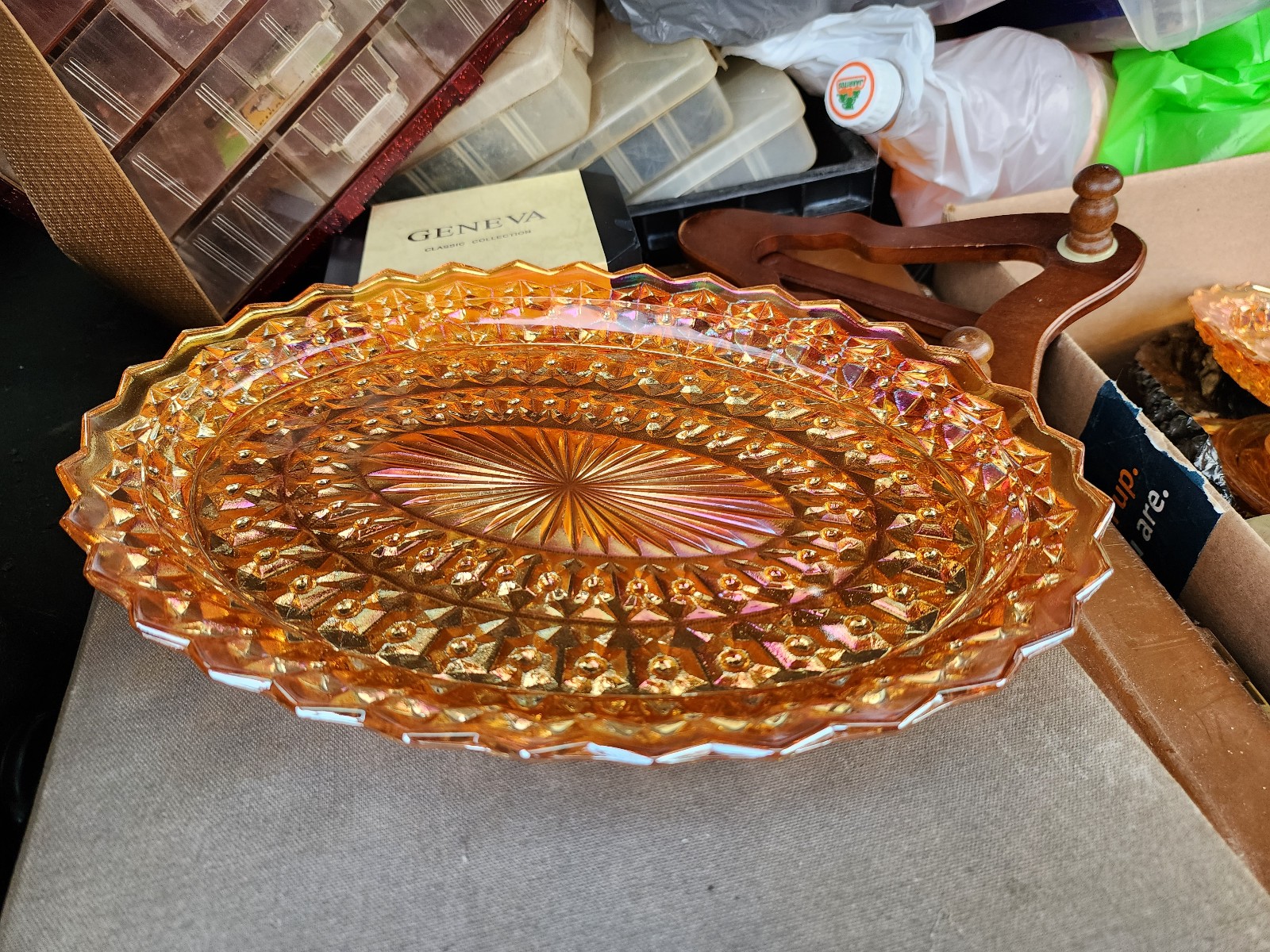 Vintage carnival glass platter with buttons and bows