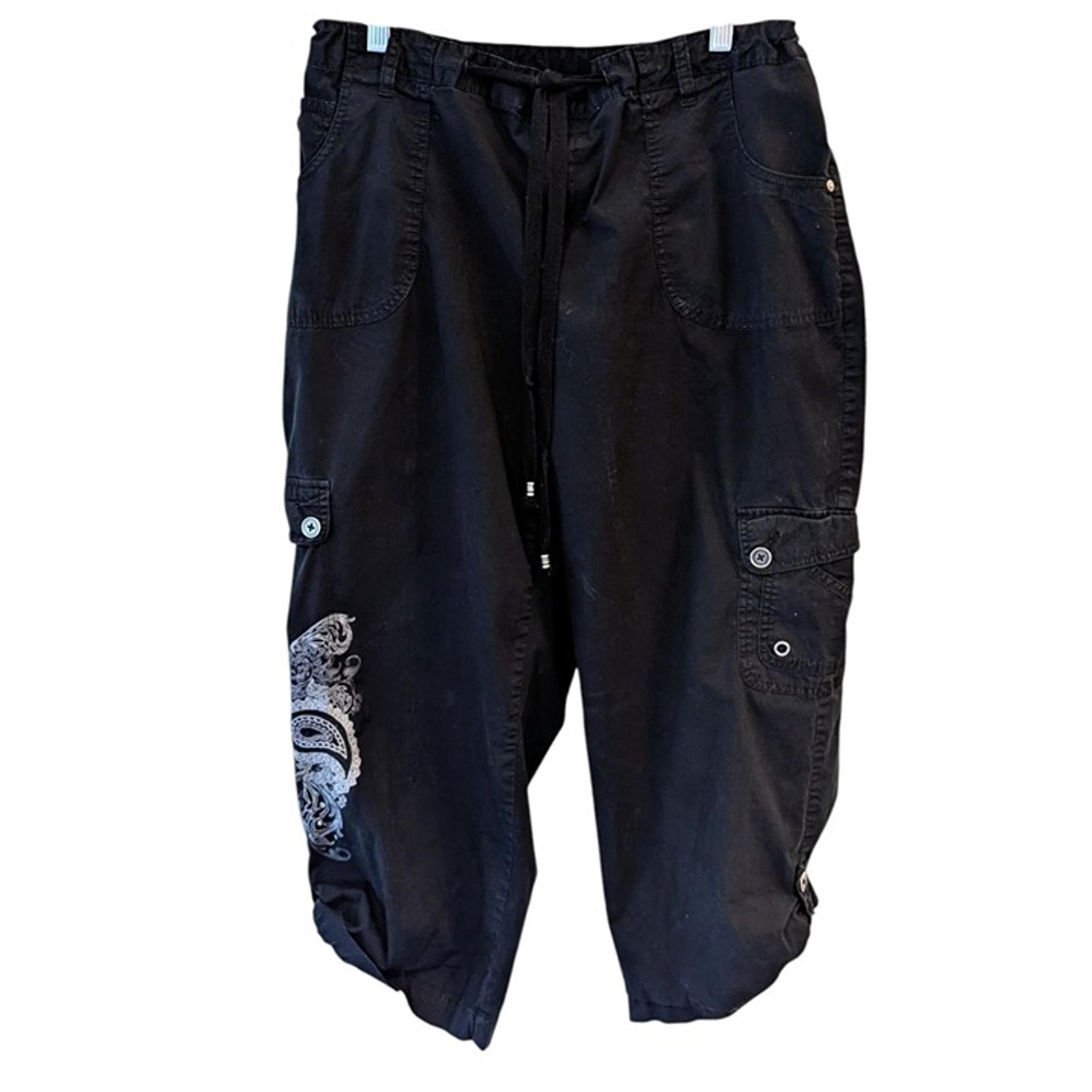 Y2K Womens Black Plus Size Cargo Pants 18W Drawstring Embroidered Paisley XXL
