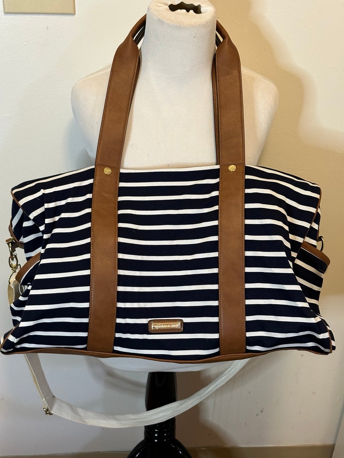 Madden Girl Large Black and White Striped Jersey Weekender Bag