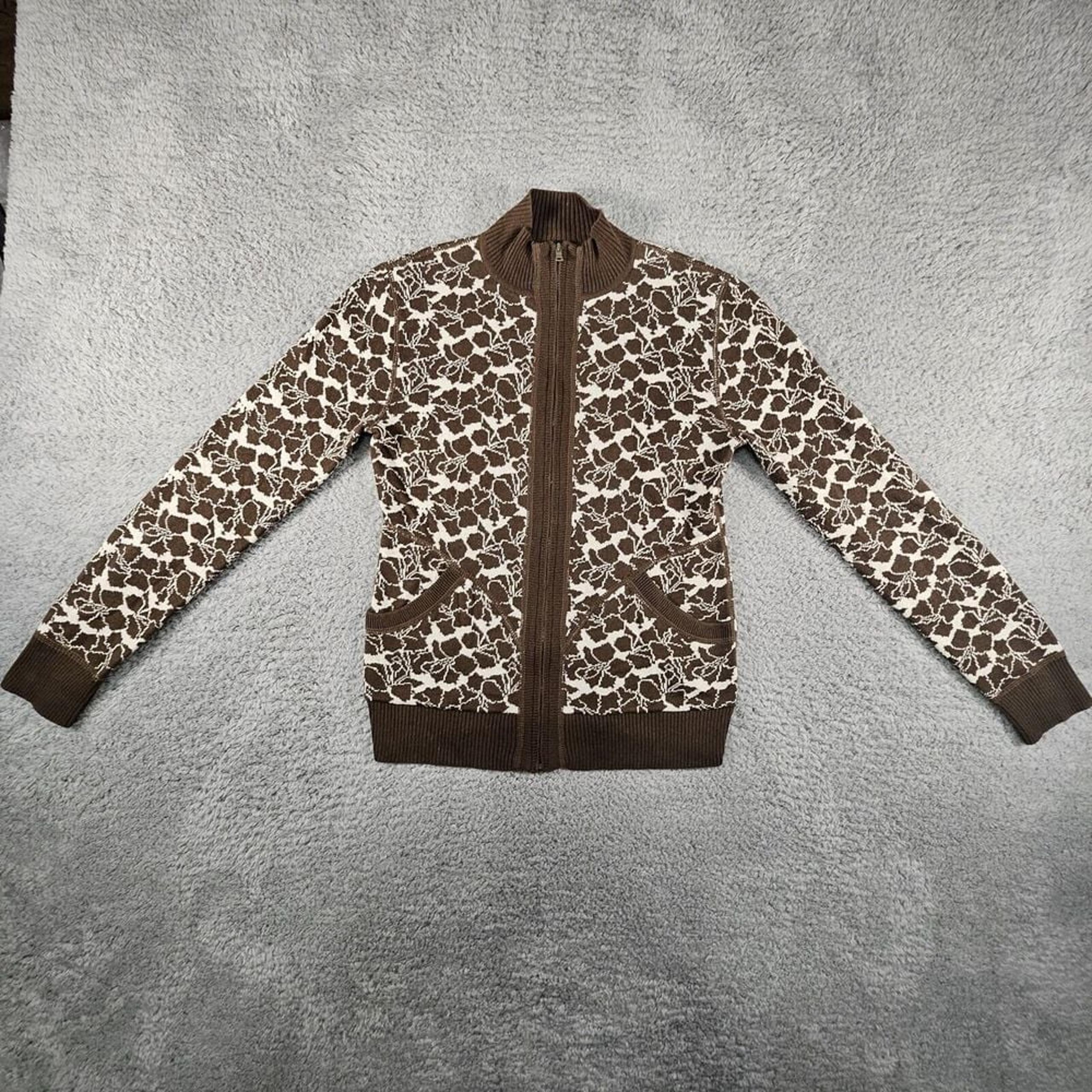 Title Nine Sweater Womens XS Brown Wool Blend Zip Mock Neck Floral Geometric