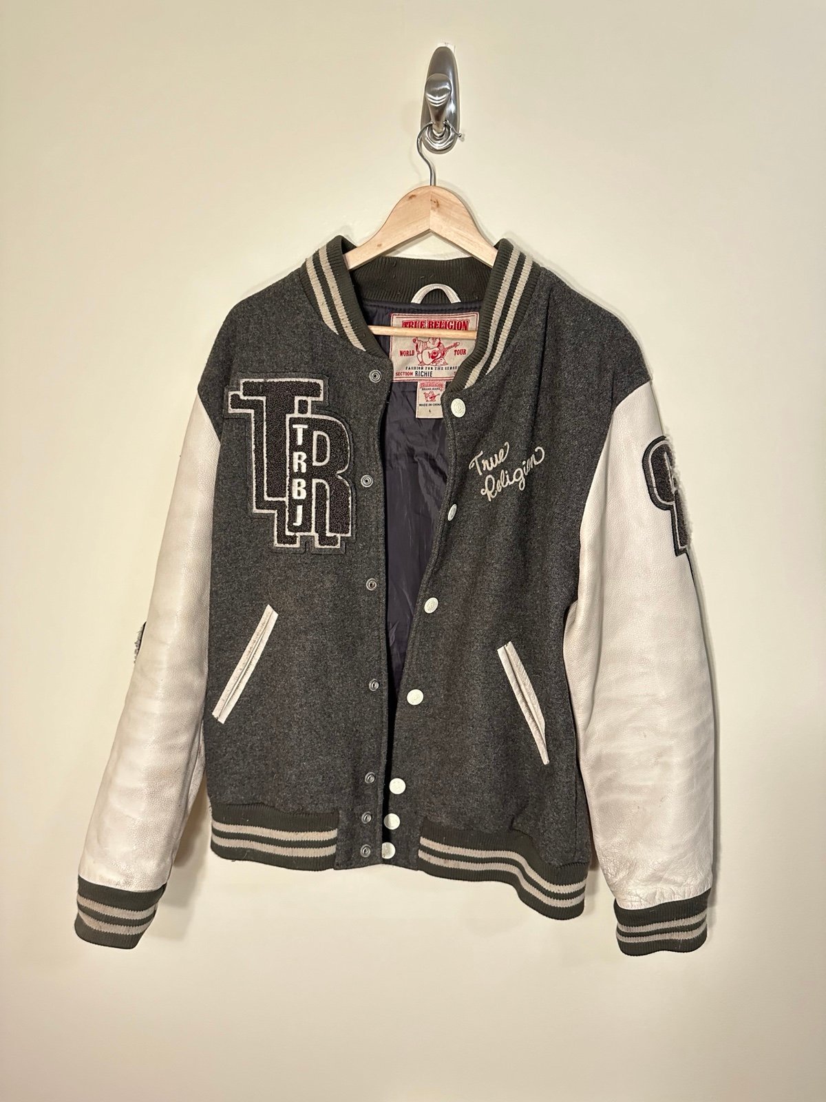 Vintage True Religion Leather Varsity jacket Brooklyn Hawks Size Large