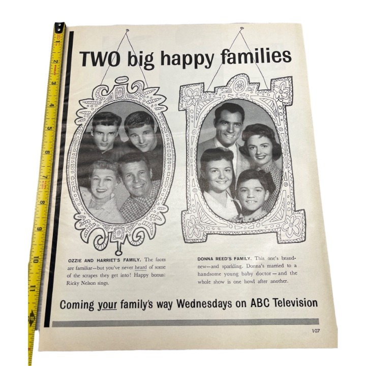 1958 Vintage Print Ad ABC Television Ozzy and Harriet Ricky Nelson Donna Reed