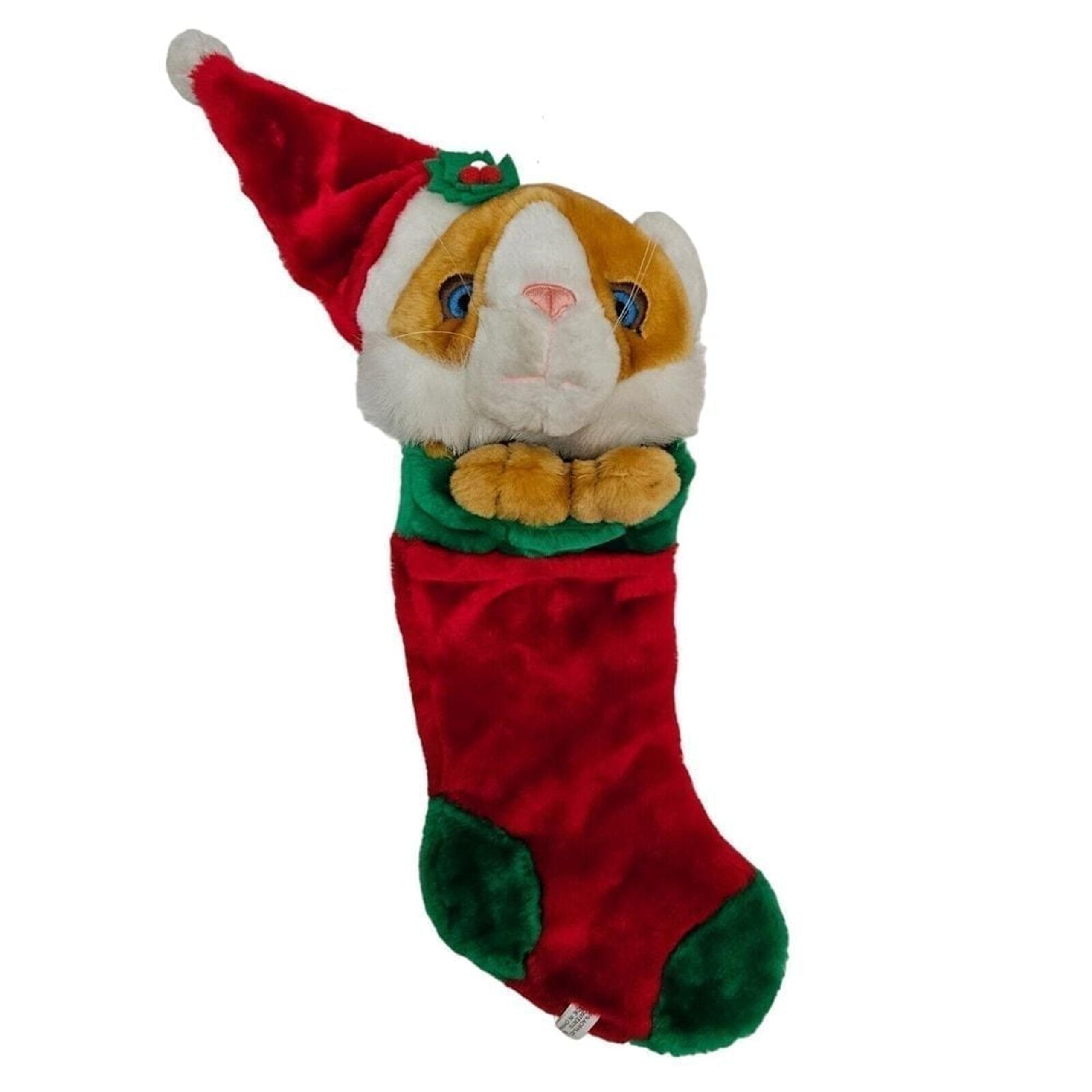 Vintage 3D Kitty Cat Christmas Stocking Holiday Decor Orange Plush Santa Holly