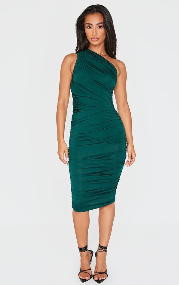 Pretty Little Thing Emerald Green Ruched One Shoulder Midi Dress Size 12