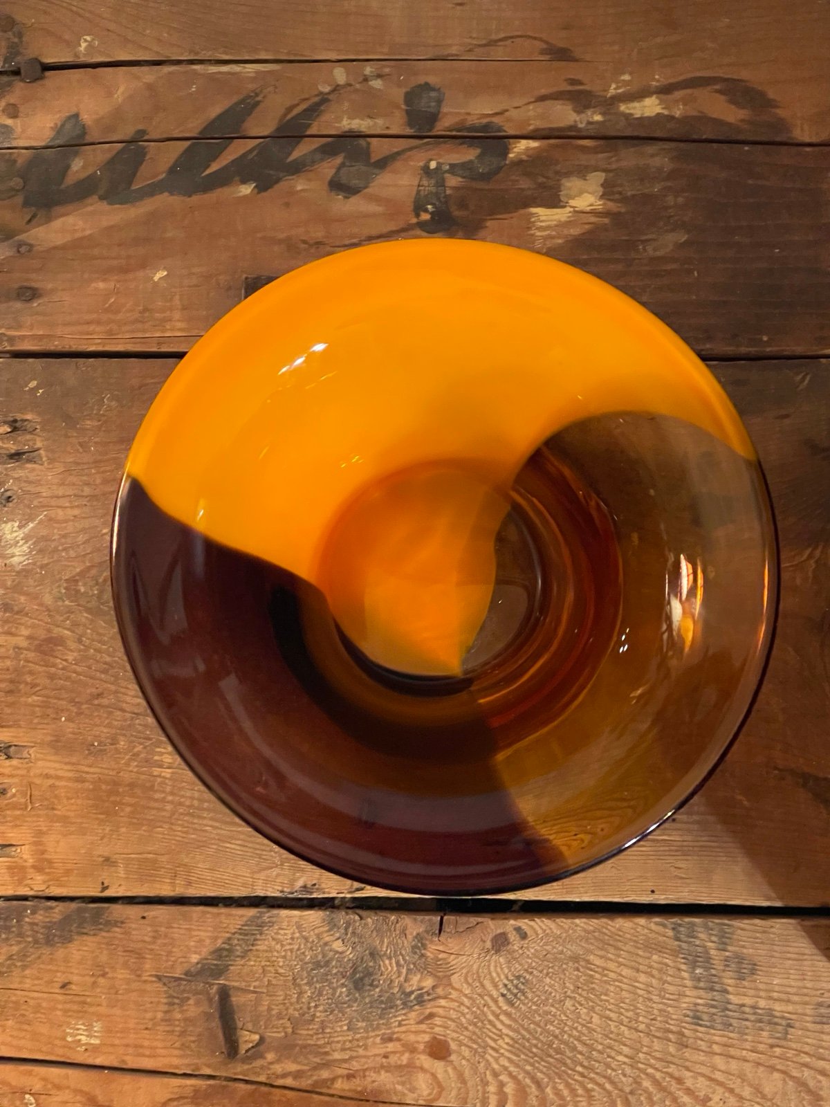 Vintage MCM Orange & Brown Hand Blown Art Glass Bowl