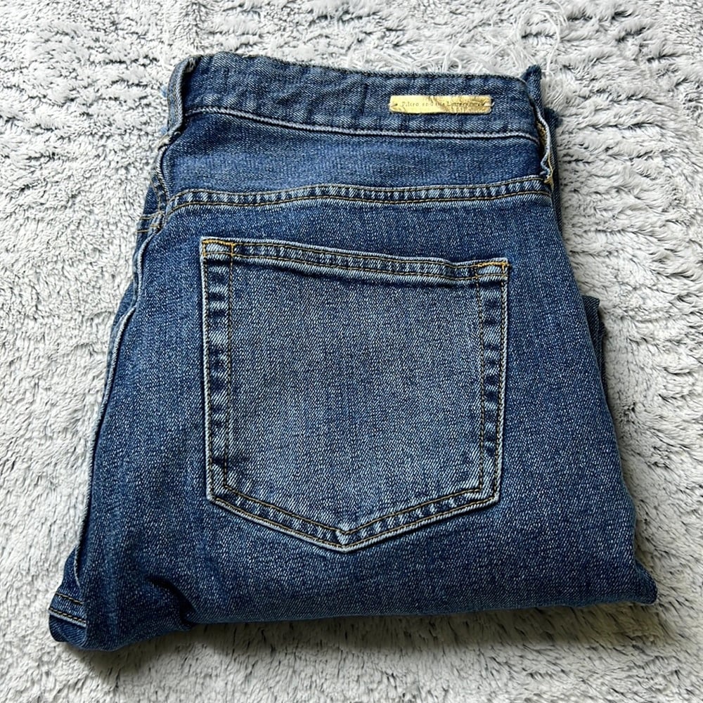 Pilcro + the Letterpress button fly cropped raw hem flare 2 tone blue jeans 27