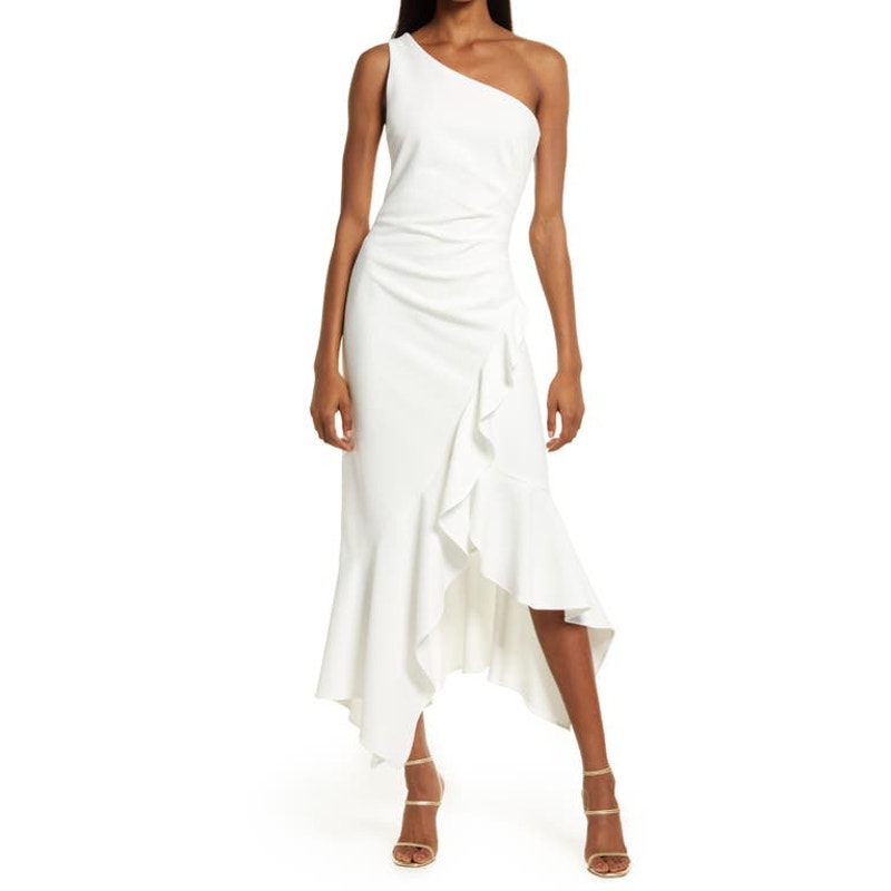 XSCAPE SZ 8 White One-Shoulder Neck Asymmetrical Hem Crepe Midi Dress NEW B27