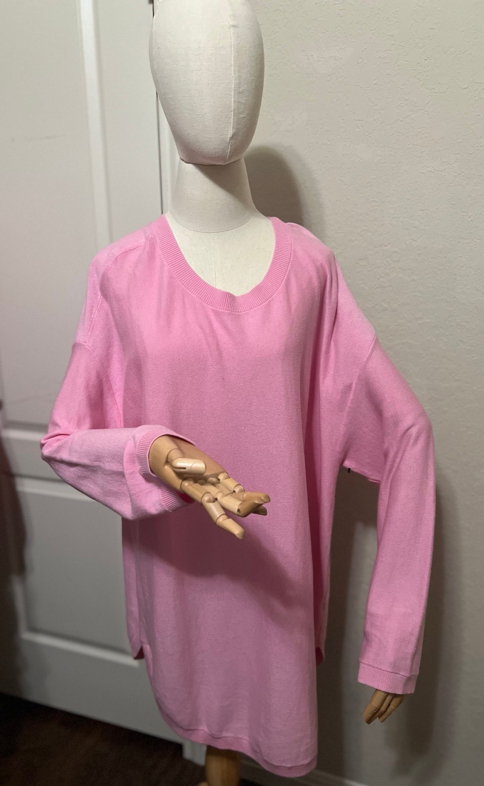 Talbots Sweater Pink CottonCashmere Long Sleeve Tunic Key Hole Round Hem NWT