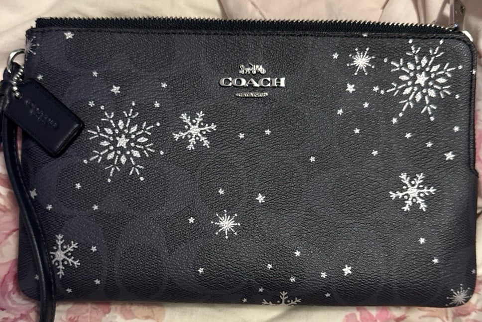 Corner Zip Wristlet In Signature Canvas With Snowflake Print