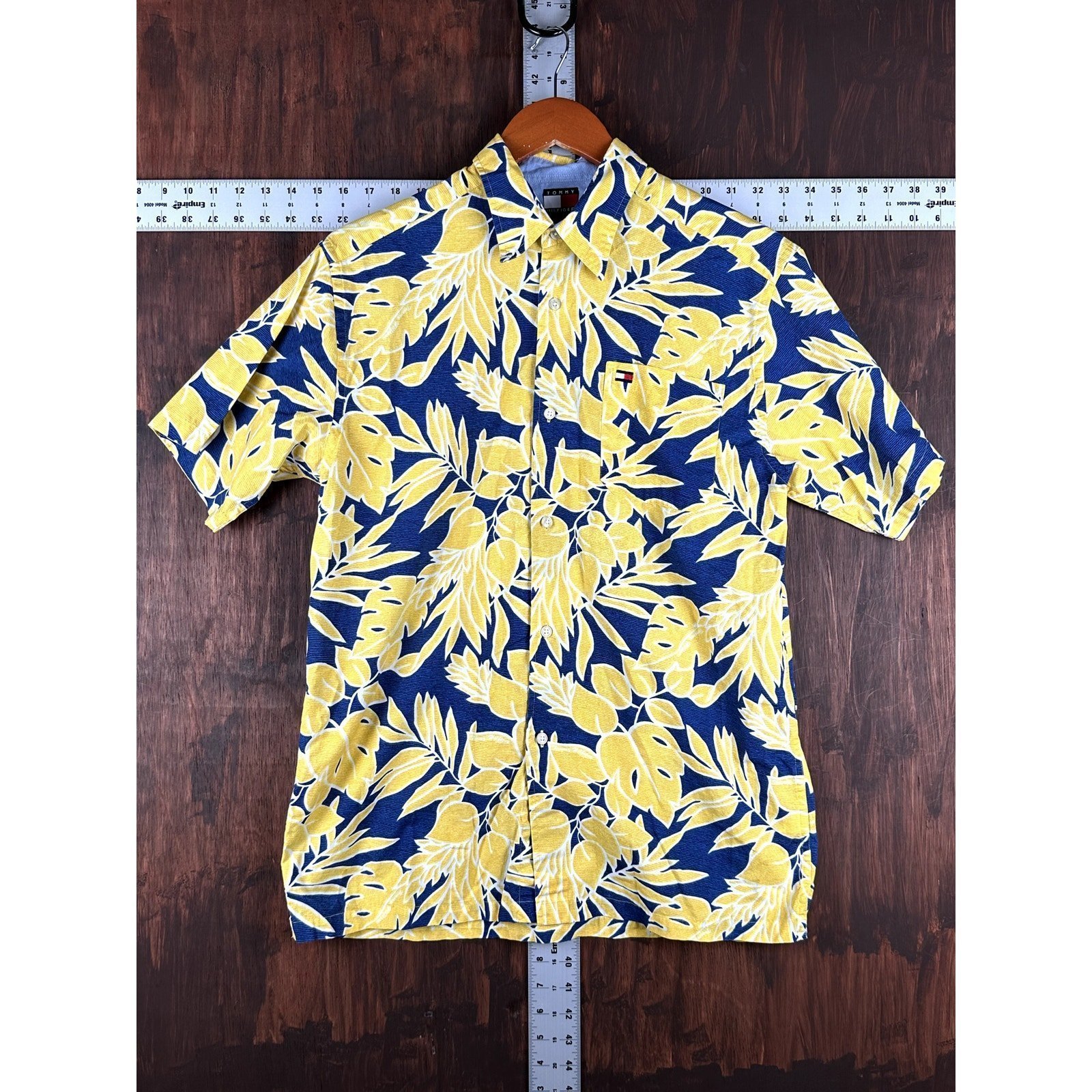 Tommy Hilfiger Hawaiian Tropical Floral Foliage Button Shirt Blue Yellow Mens XL