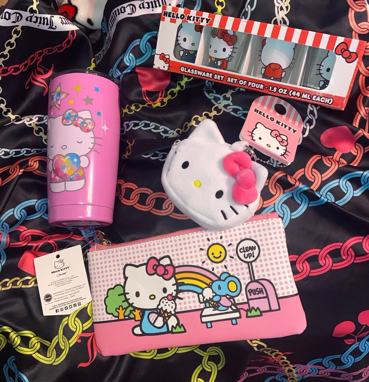 Hello Kitty tumbler, keychain, pencil pouch and shot glasses