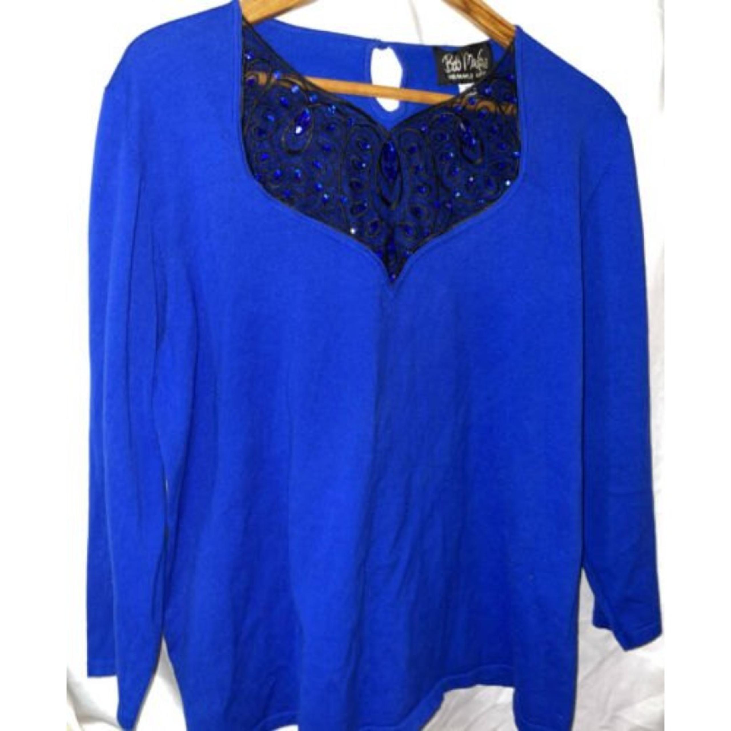BOB MACKIE WEARABLE ART Jewels And Lace Accent 3/4 Sleeve Blue Tunic Top, XL