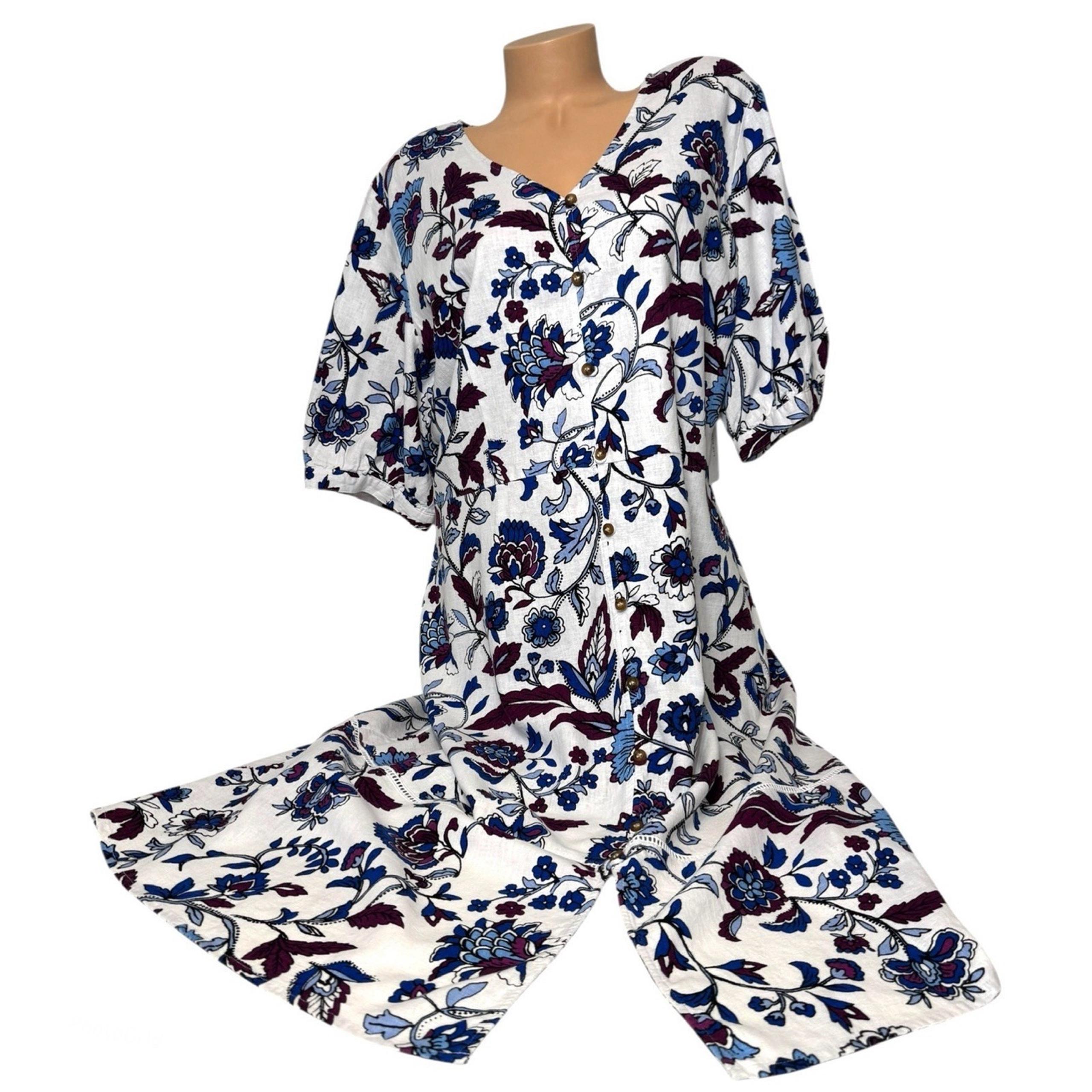 Liz Claiborne Womens Size 16 Linen Dress White Floral Short Sleeve A-Line Button