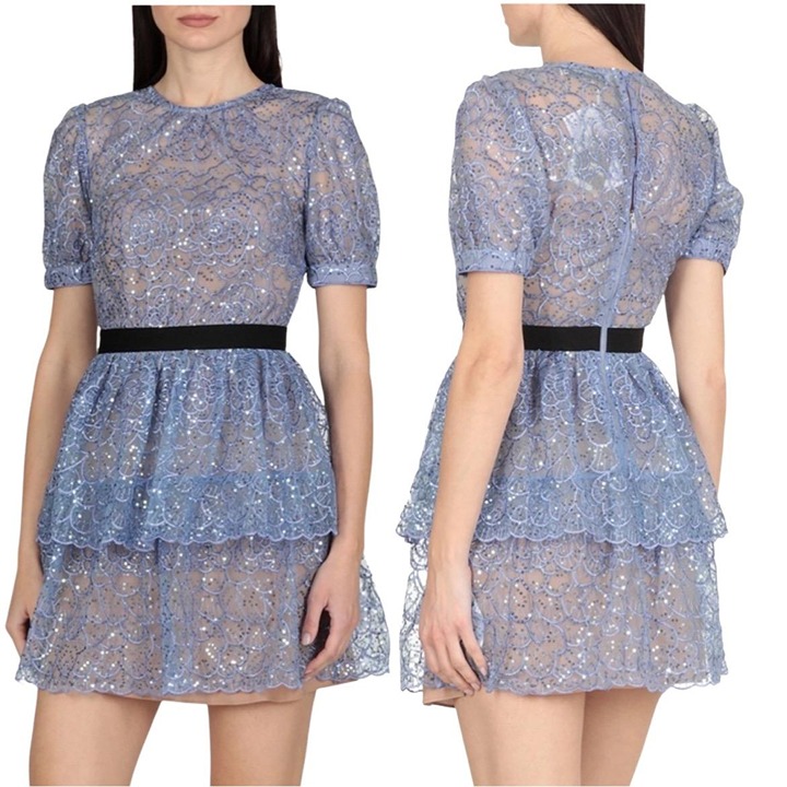 Self Portrait Blue Flower Sequin Mini Dress Lace Puff Sleeves Tiered Skirt US 2