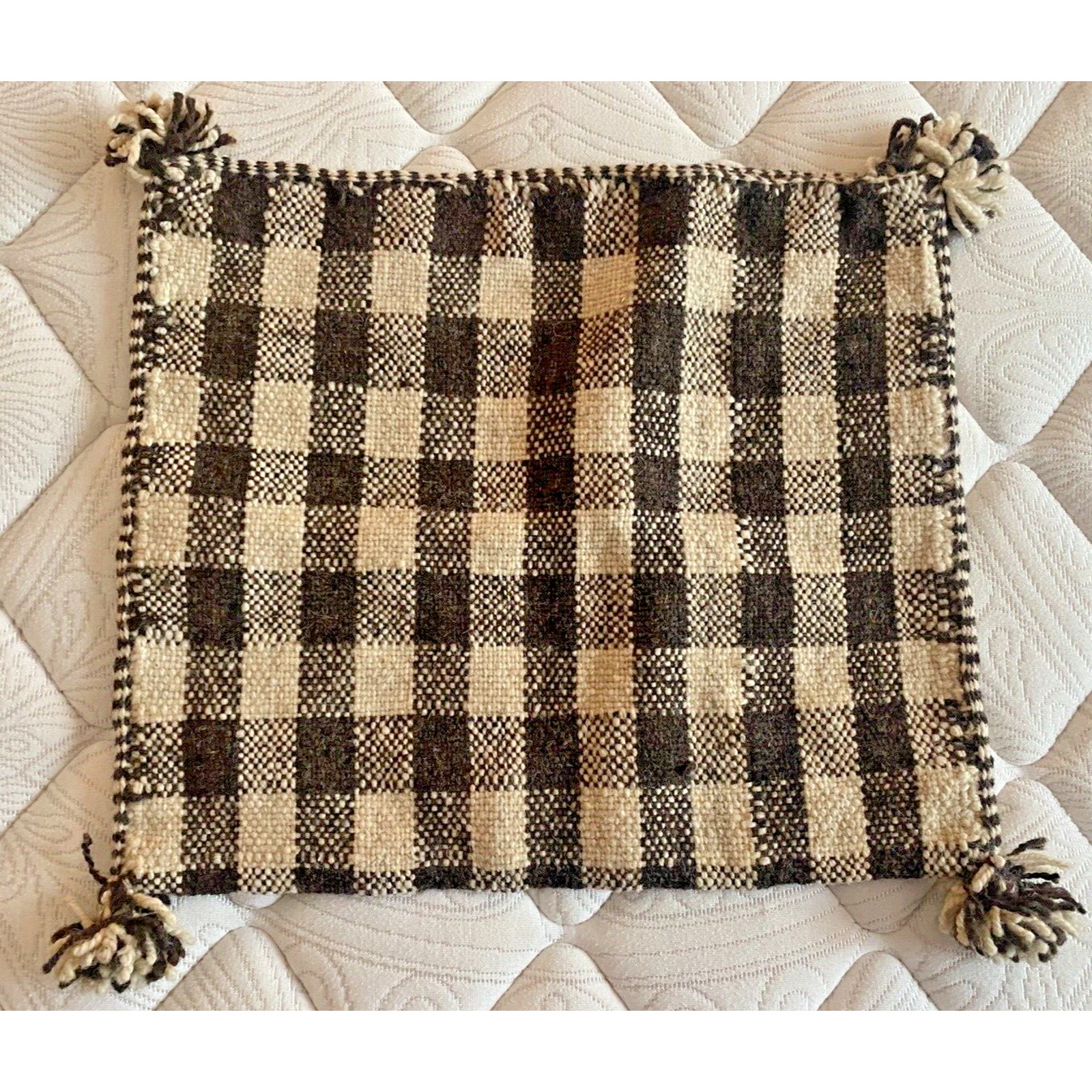Plaid Checkerboard Pillow Cover Sham Textured Tweed Brown Beige Vintage MCM 70s