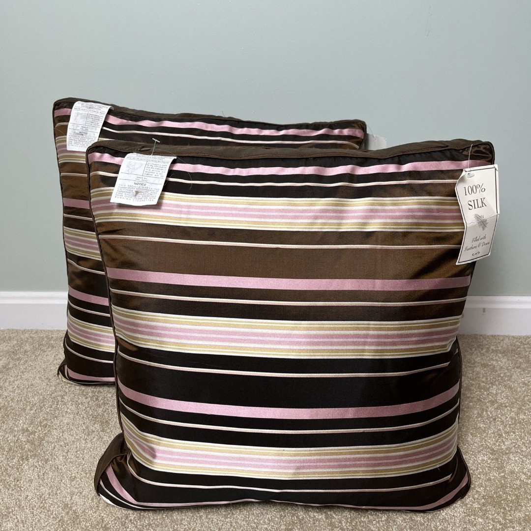 2 100% Silk Striped Throw Pillows Cushions Feather & Down Inserts 18x18 NWT Read
