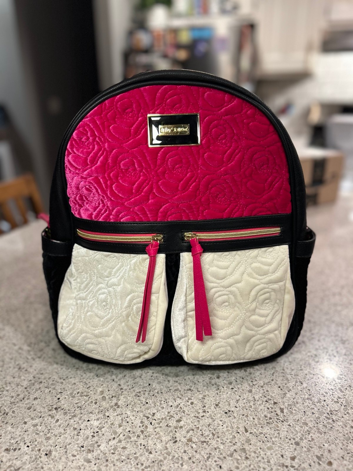 Betsey Johnson backpack velvet pink white and black backpack like new