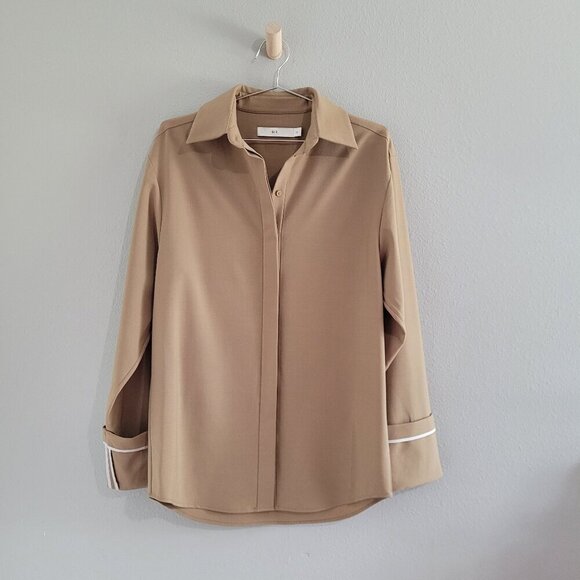 Relaxed Tailored Button Down Wool Long Sleeve Shirt Contrast Trim Oversize Cuffs