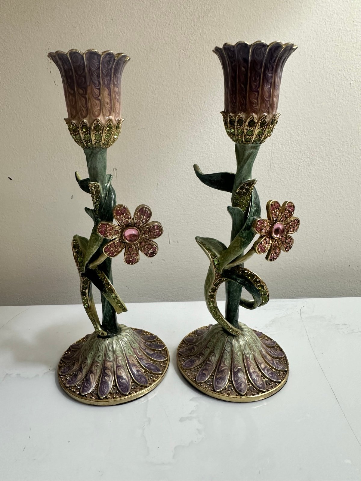 Enamel Floral Candlestick with Crystals Jewels
