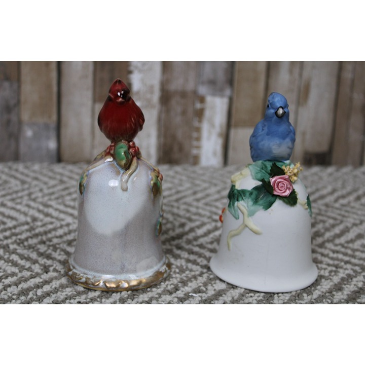 Two Vintage Bells with Birds on the Top - Robin & Blue Jay